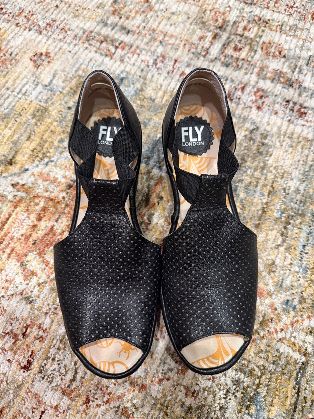 FLY London Black Perforated Peep-Toe Heels with Elastic Straps